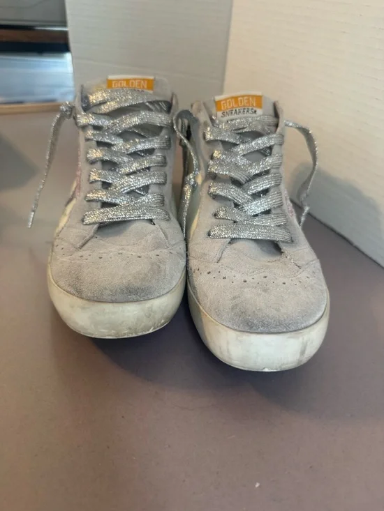 Golden Goose Mid Star Low-Top Sneakers in Grey, Silver & Pink Glitter - Picture 5 of 15